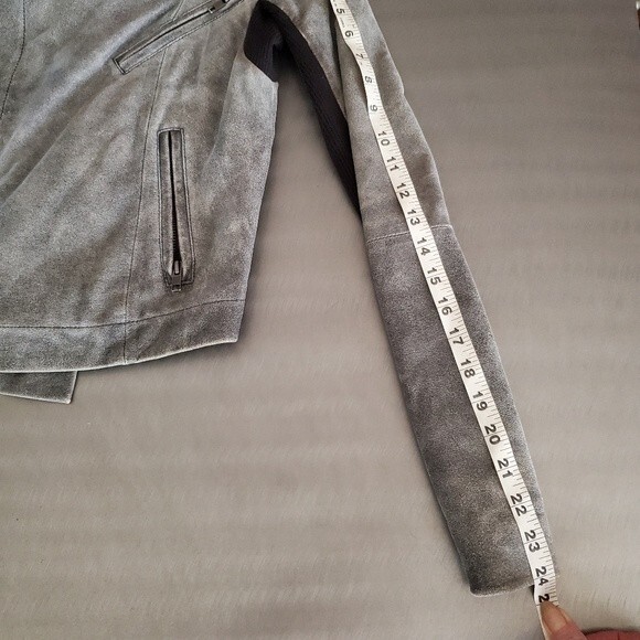 VEDA NYC Gray Black Suede Leather Funnel Neck Crop Jacket Small - Picture 14 of 15